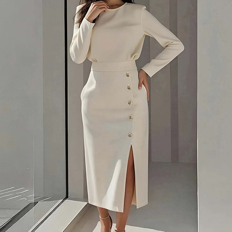 Elegant Style Round Neck Solid Color Dress Long Dress for Women