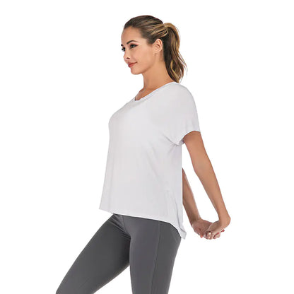Summer V-Neck Sports T-Shirt with Open Back for Women